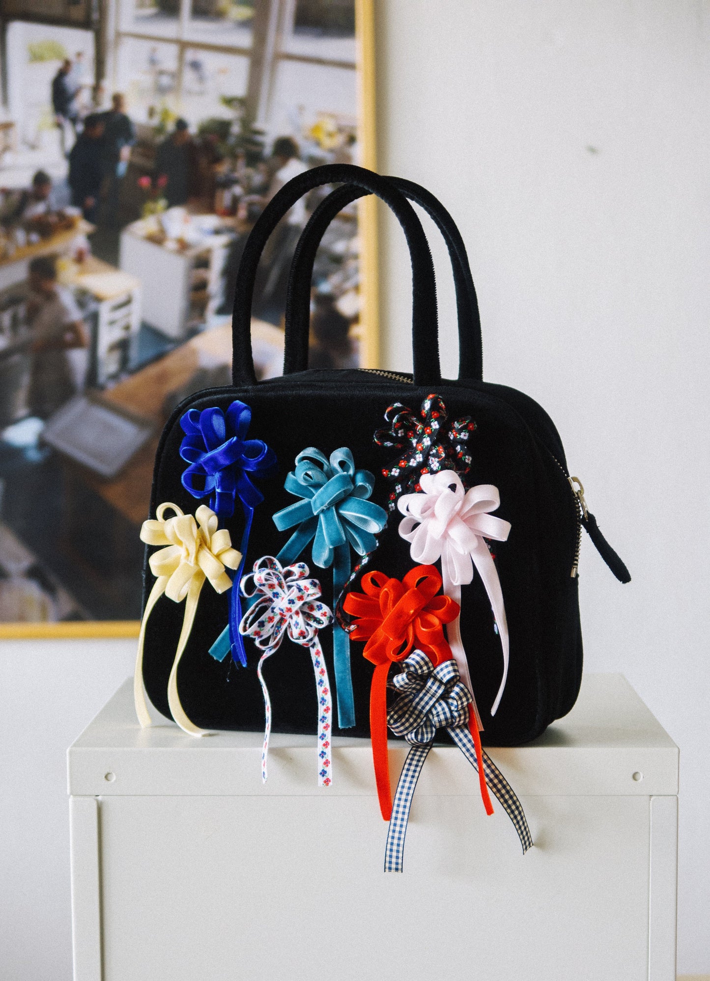 COTTON VELVET BROOCH HAND BAG - BLACK-SAENGIN STUDIOS-APOC STORE