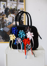 COTTON VELVET BROOCH HAND BAG - BLACK-SAENGIN STUDIOS-APOC STORE