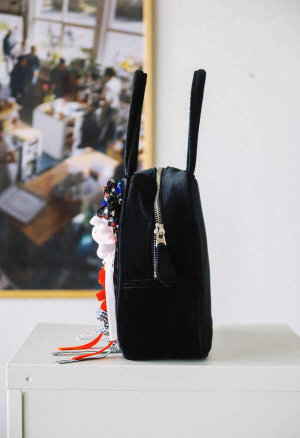 COTTON VELVET BROOCH HAND BAG - BLACK-SAENGIN STUDIOS-APOC STORE