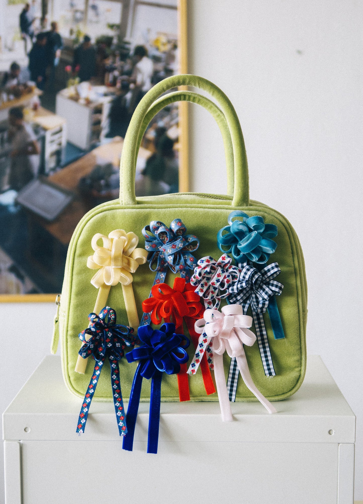 COTTON VELVET BROOCH HAND BAG - OLIVE-SAENGIN STUDIOS-APOC STORE