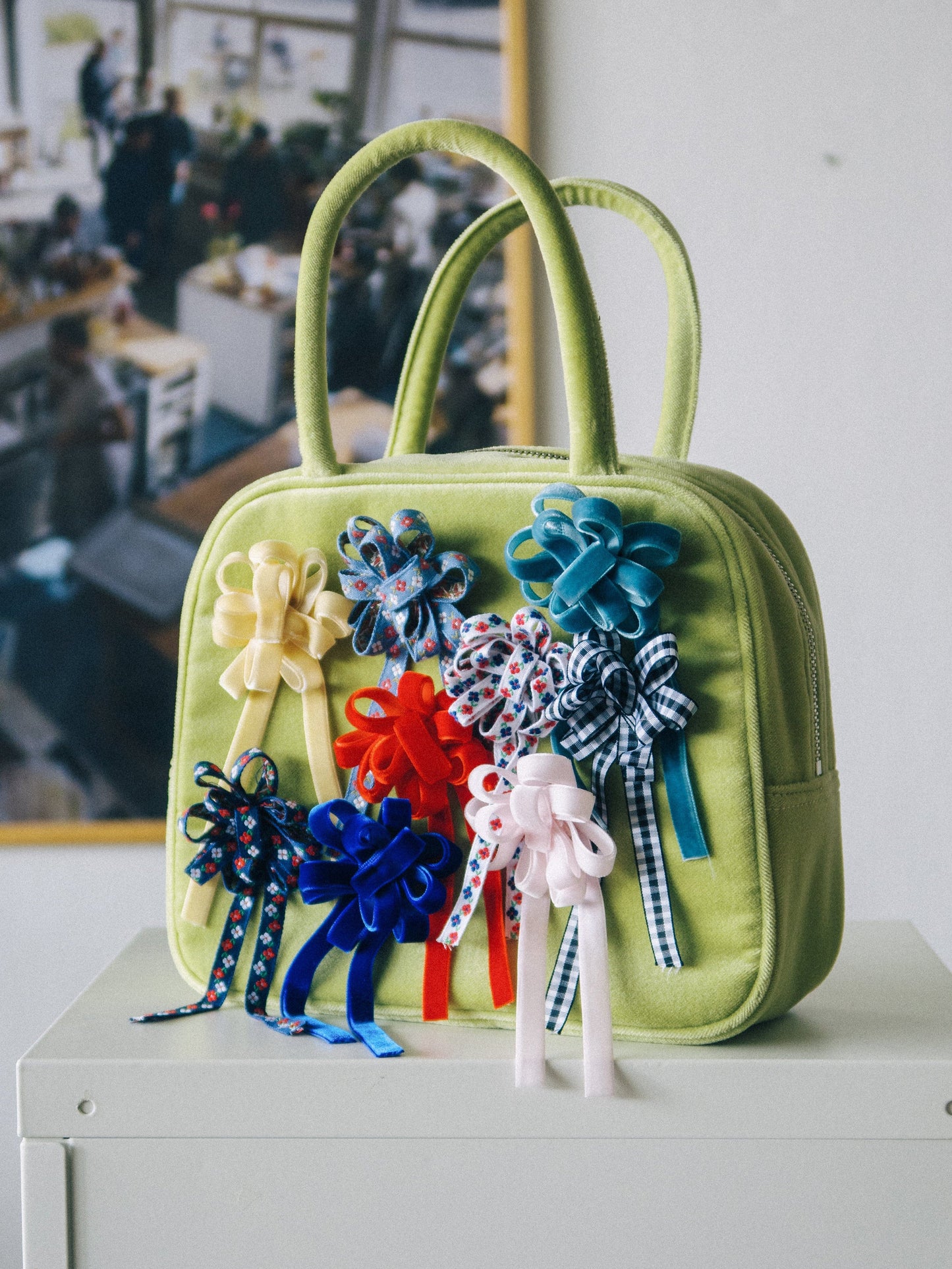 COTTON VELVET BROOCH HAND BAG - OLIVE-SAENGIN STUDIOS-APOC STORE