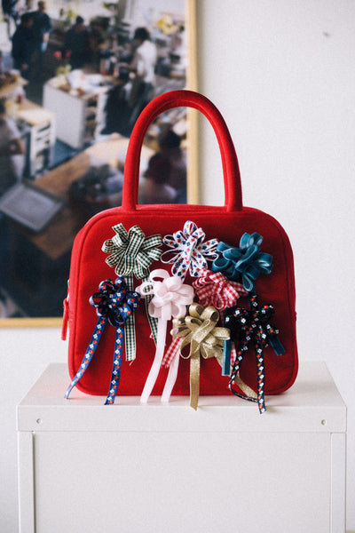 COTTON VELVET BROOCH HAND BAG - RED-SAENGIN STUDIOS-APOC STORE
