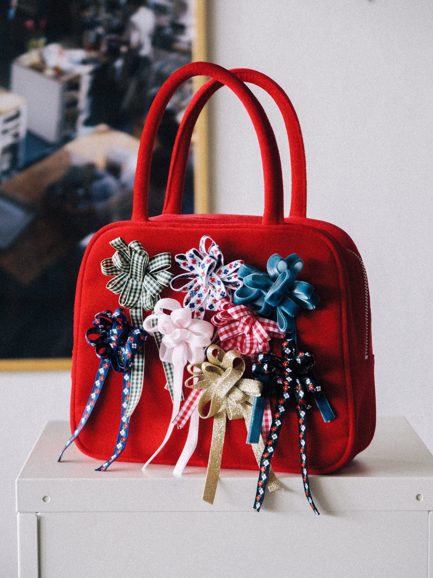 COTTON VELVET BROOCH HAND BAG - RED-SAENGIN STUDIOS-APOC STORE