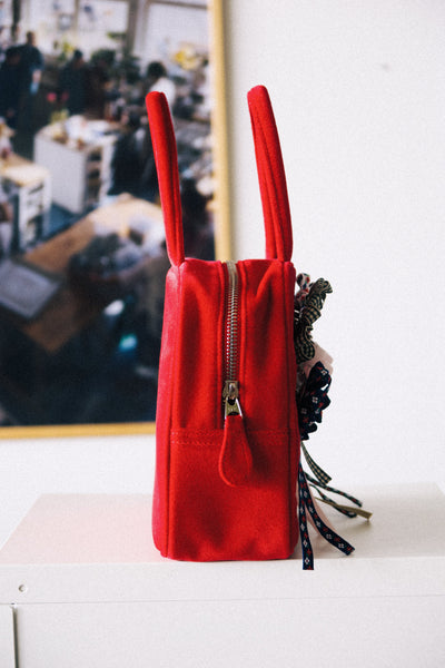 COTTON VELVET BROOCH HAND BAG - RED-SAENGIN STUDIOS-APOC STORE
