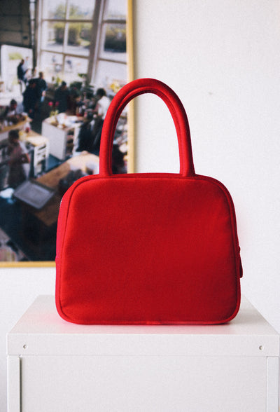 COTTON VELVET BROOCH HAND BAG - RED-SAENGIN STUDIOS-APOC STORE
