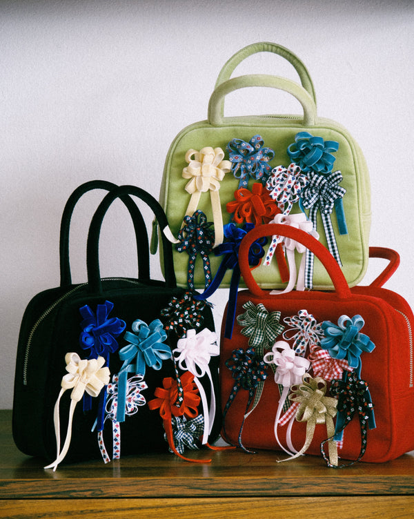 COTTON VELVET BROOCH HAND BAG - RED-SAENGIN STUDIOS-APOC STORE