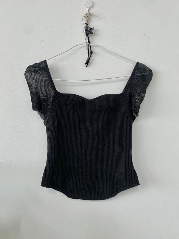 SHEER SLEEVE KNIT BLOUSE BLACK-Lalameemee-APOC STORE