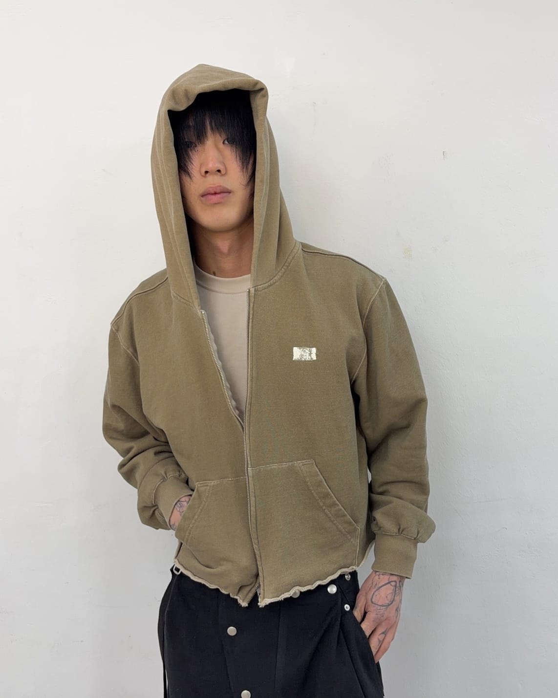 Cut off Hoodie Zip-up (Beige)-EGNARTS-APOC STORE