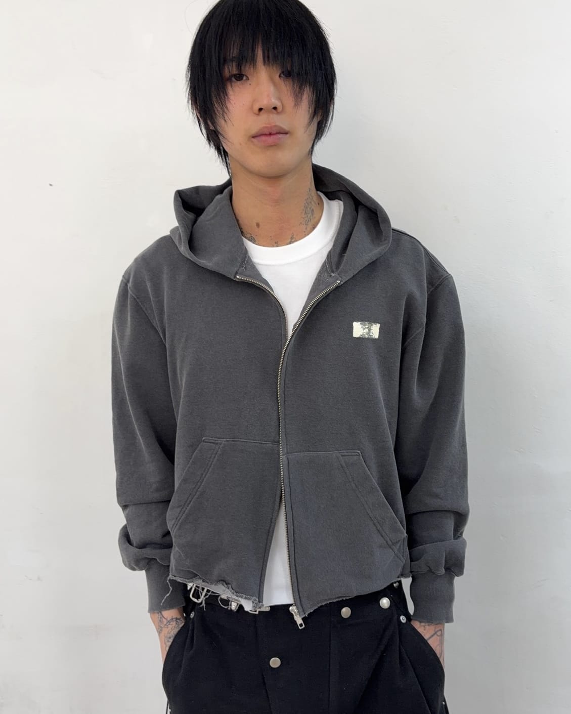Cut off Hoodie Zip-up (Charcoal)-EGNARTS-APOC STORE
