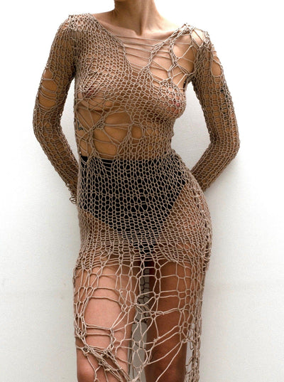 Holey Dress in Beige-V4K-APOC STORE