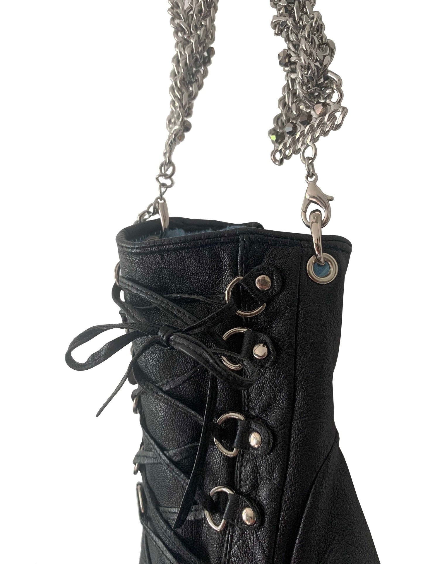 LACE-UP BLACK LEATHER HAND BAG TWISTED CHAIN HANDLE-phlegm-APOC STORE