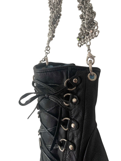 LACE-UP BLACK LEATHER HAND BAG TWISTED CHAIN HANDLE-phlegm-APOC STORE