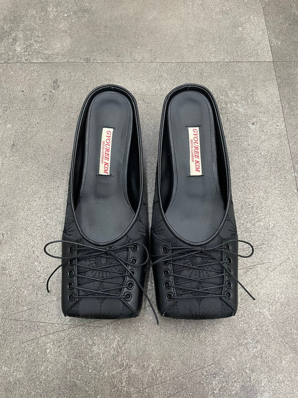 SQUARE LACE MULE BLACK 4CM-Gyouree Kim-APOC STORE