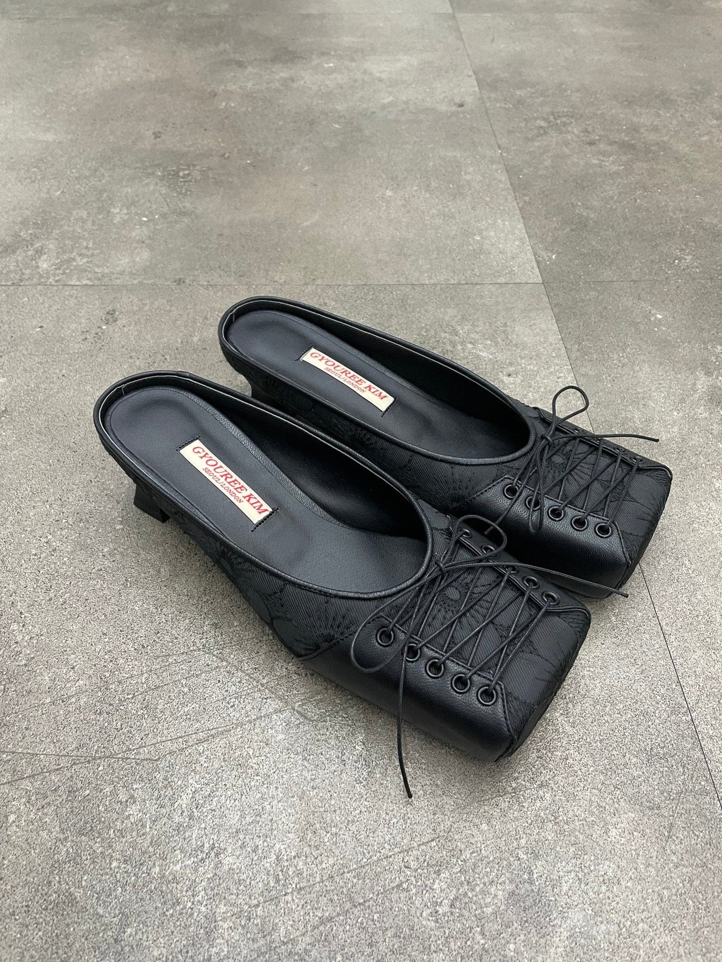 SQUARE LACE MULE BLACK 4CM-Gyouree Kim-APOC STORE