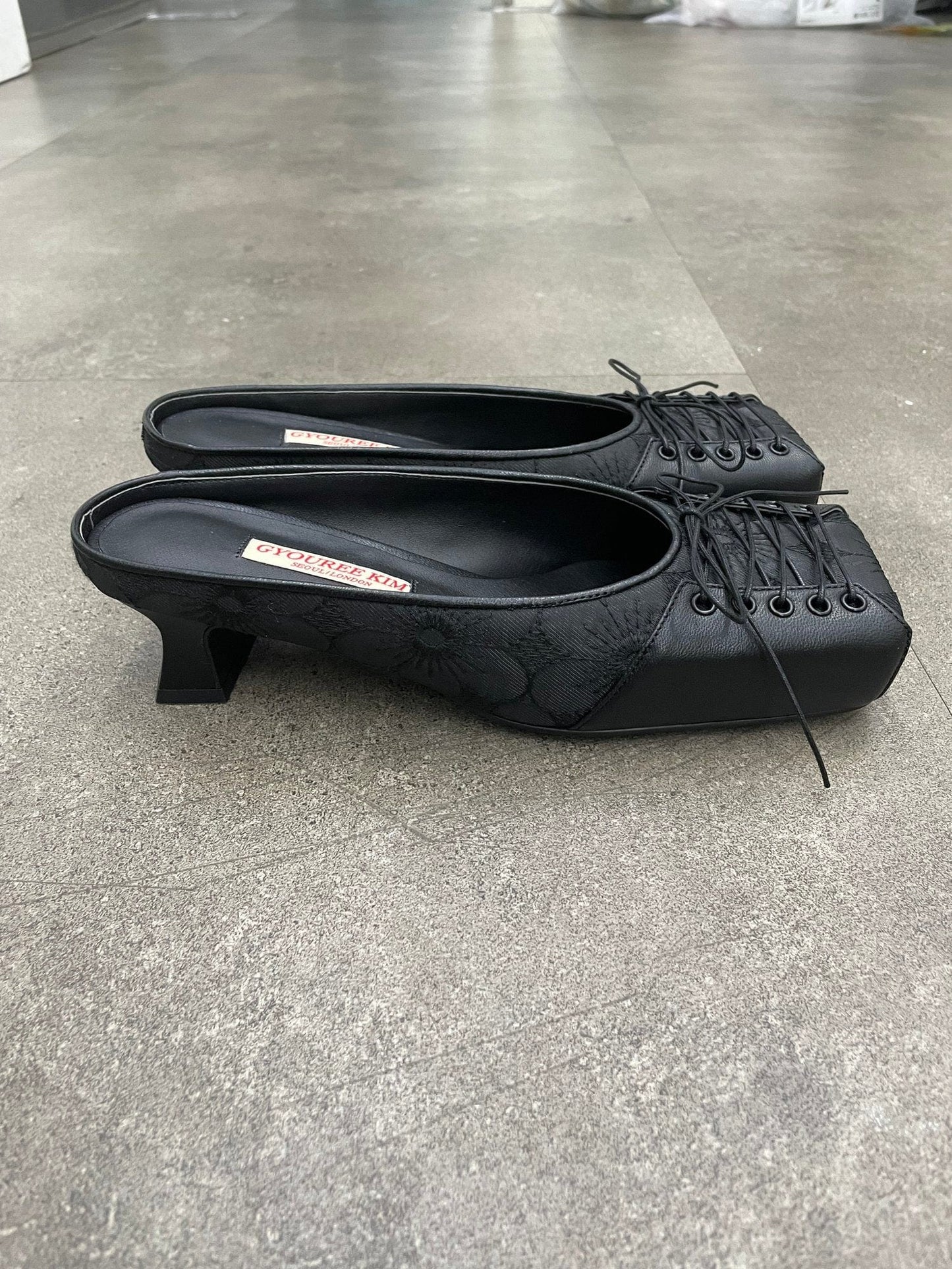 SQUARE LACE MULE BLACK 4CM-Gyouree Kim-APOC STORE