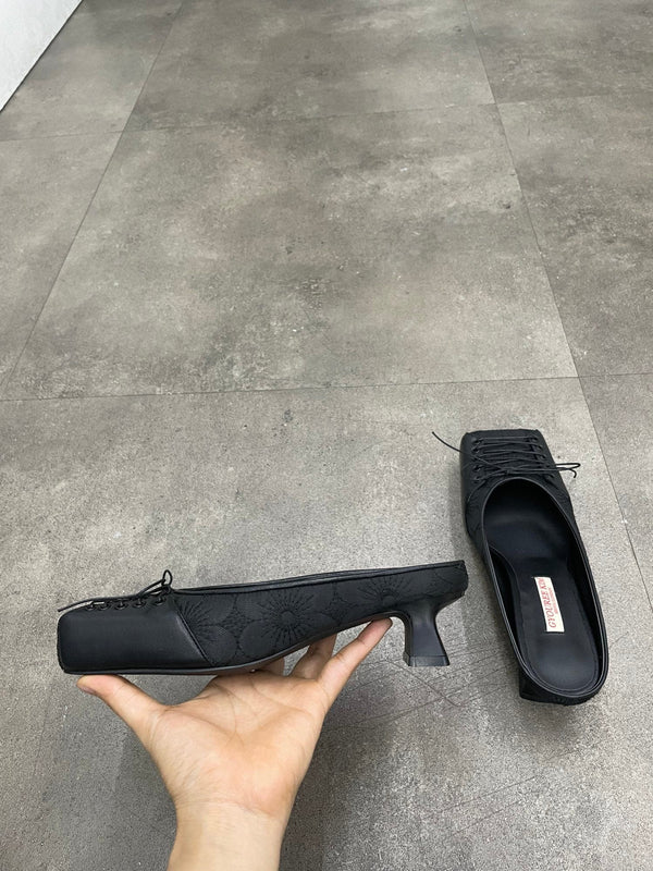 SQUARE LACE MULE BLACK 4CM-Gyouree Kim-APOC STORE