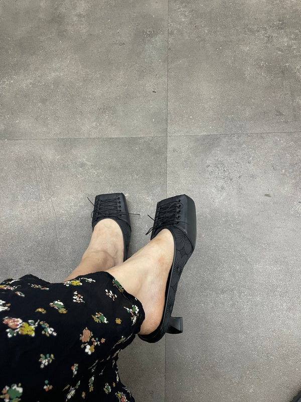 SQUARE LACE MULE BLACK 4CM-Gyouree Kim-APOC STORE