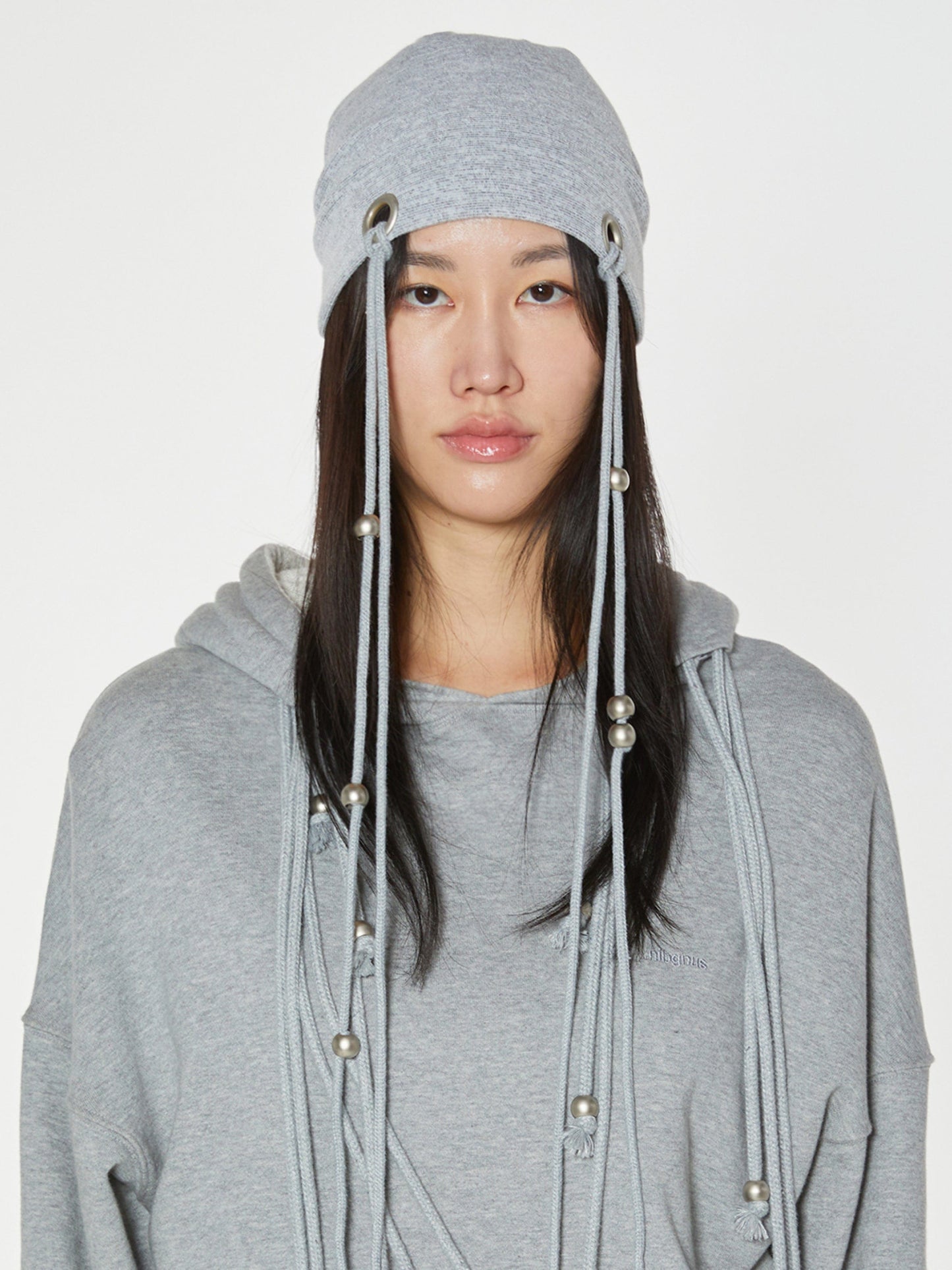 EYELET STRING BEANIE GREY-Nibgnus-APOC STORE