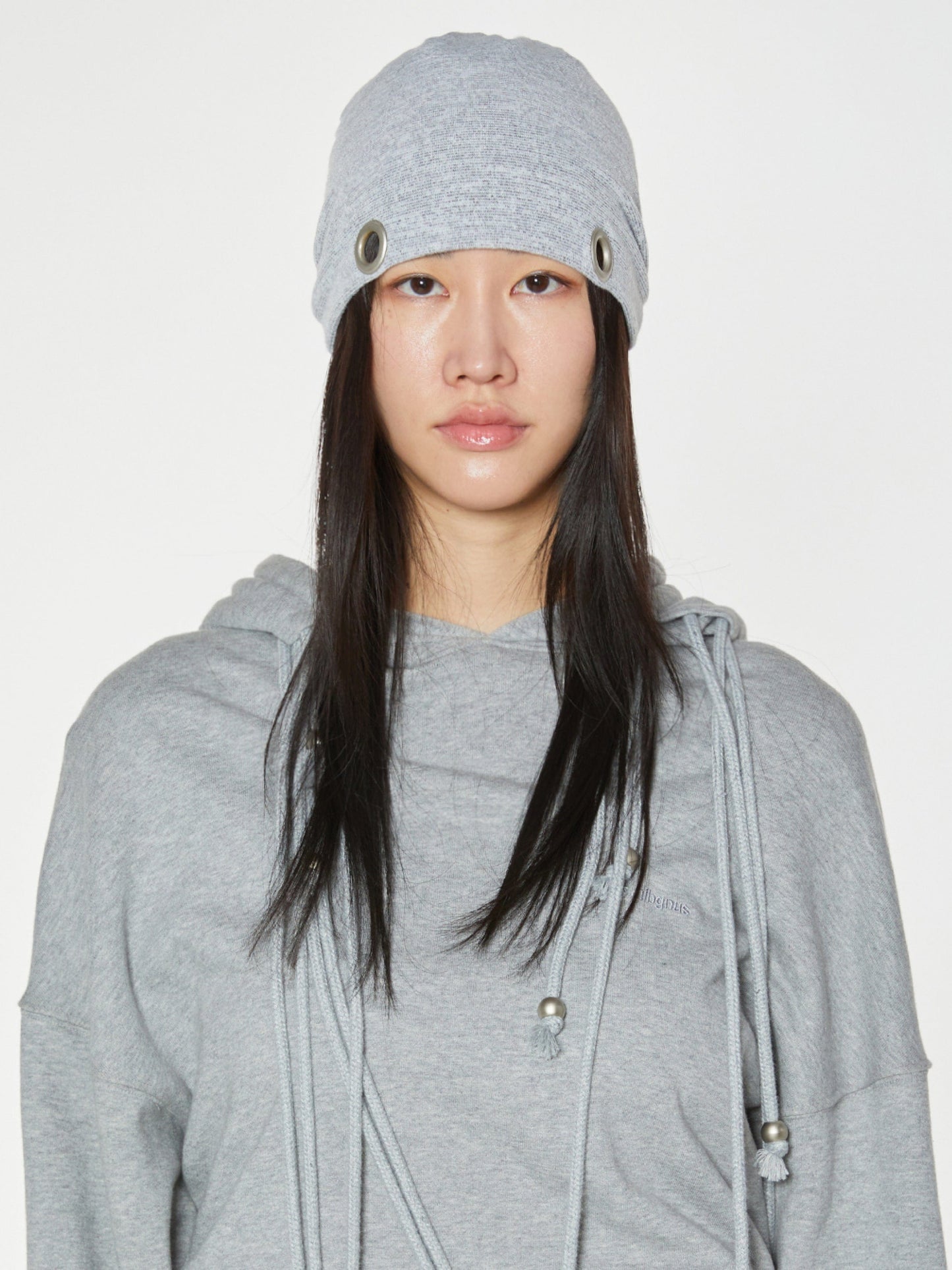 EYELET STRING BEANIE GREY-Nibgnus-APOC STORE