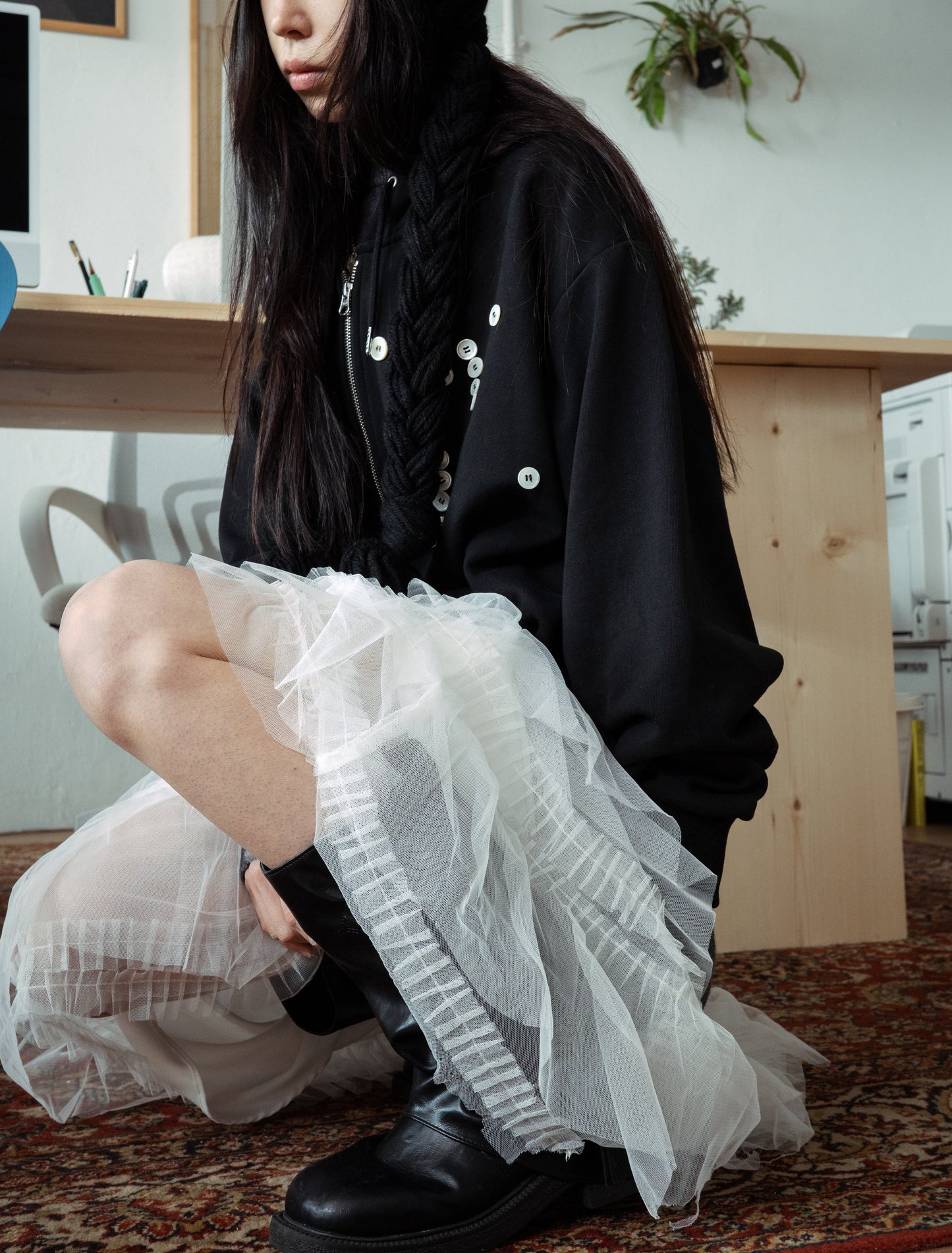 TULLE TIERED LONG SKIRT - WHITE-SAENGIN STUDIOS-APOC STORE