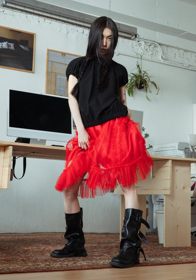 BANDING RUFFLE SHA DOT SKIRT - RED-SAENGIN STUDIOS-APOC STORE