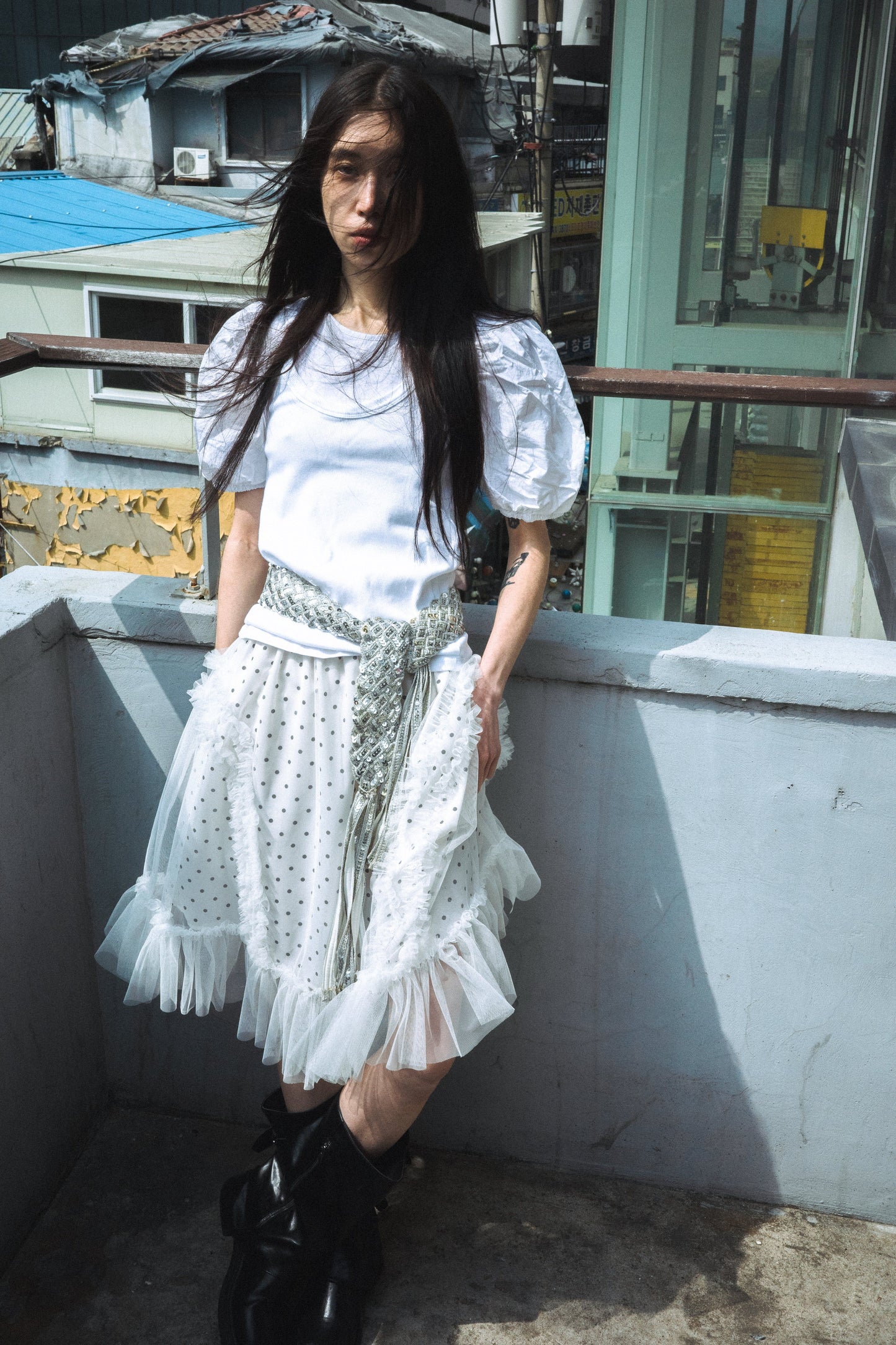 BANDING RUFFLE SHA DOT SKIRT - WHITE-SAENGIN STUDIOS-APOC STORE