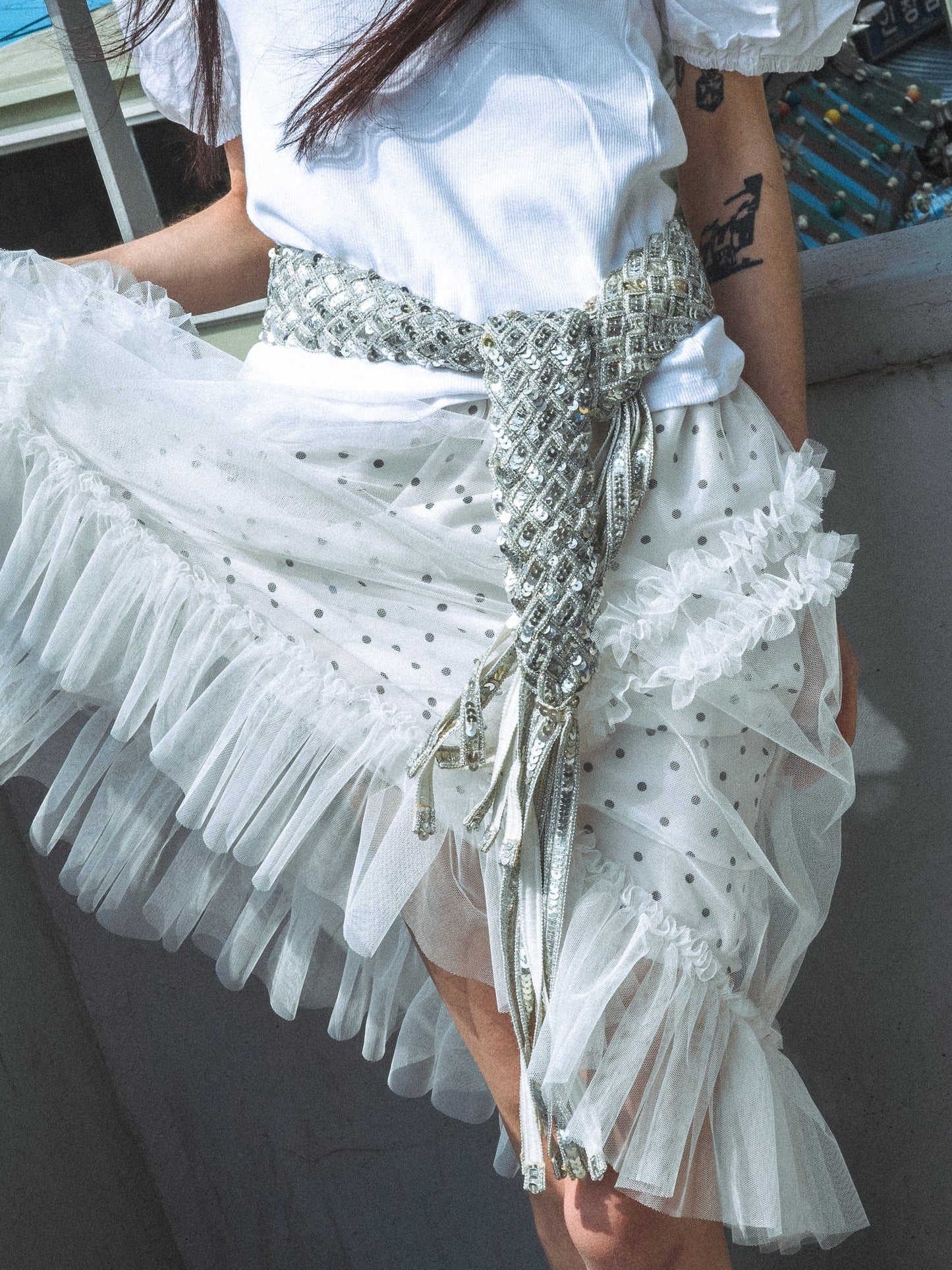 BANDING RUFFLE SHA DOT SKIRT - WHITE-SAENGIN STUDIOS-APOC STORE