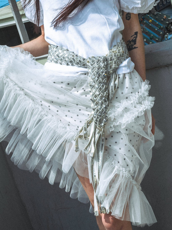BANDING RUFFLE SHA DOT SKIRT - WHITE-SAENGIN STUDIOS-APOC STORE