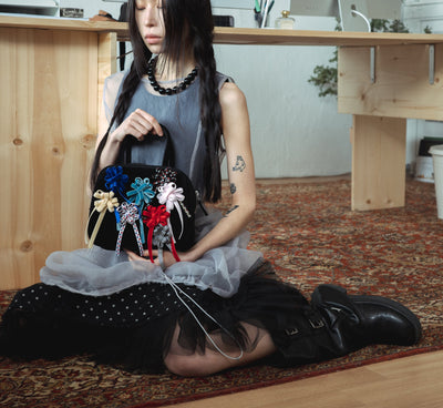 COTTON VELVET BROOCH HAND BAG - BLACK-SAENGIN STUDIOS-APOC STORE