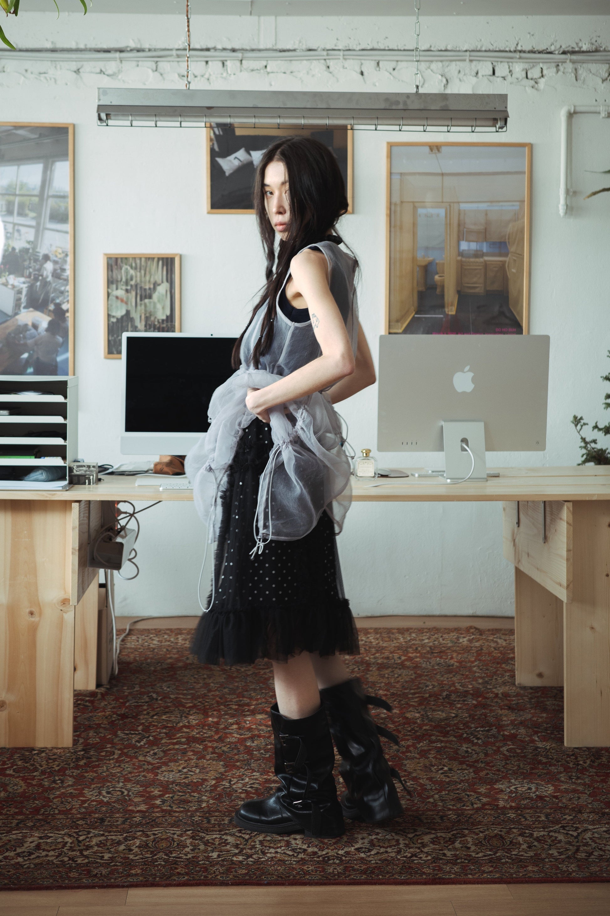 BANDING RUFFLE SHA DOT SKIRT - BLACK-SAENGIN STUDIOS-APOC STORE