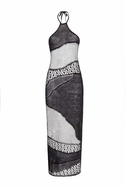 Black Halter Neck intarsia dress-Raquel de Carvalho-APOC STORE