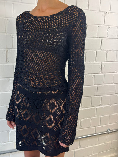 Black Handmade open crochet top-Raquel de Carvalho-APOC STORE