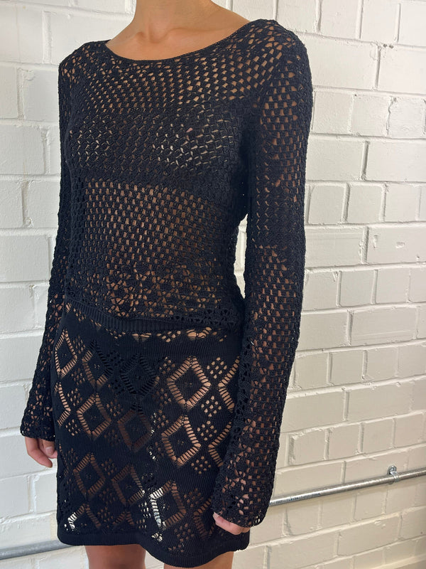 Black Handmade open crochet top-Raquel de Carvalho-APOC STORE