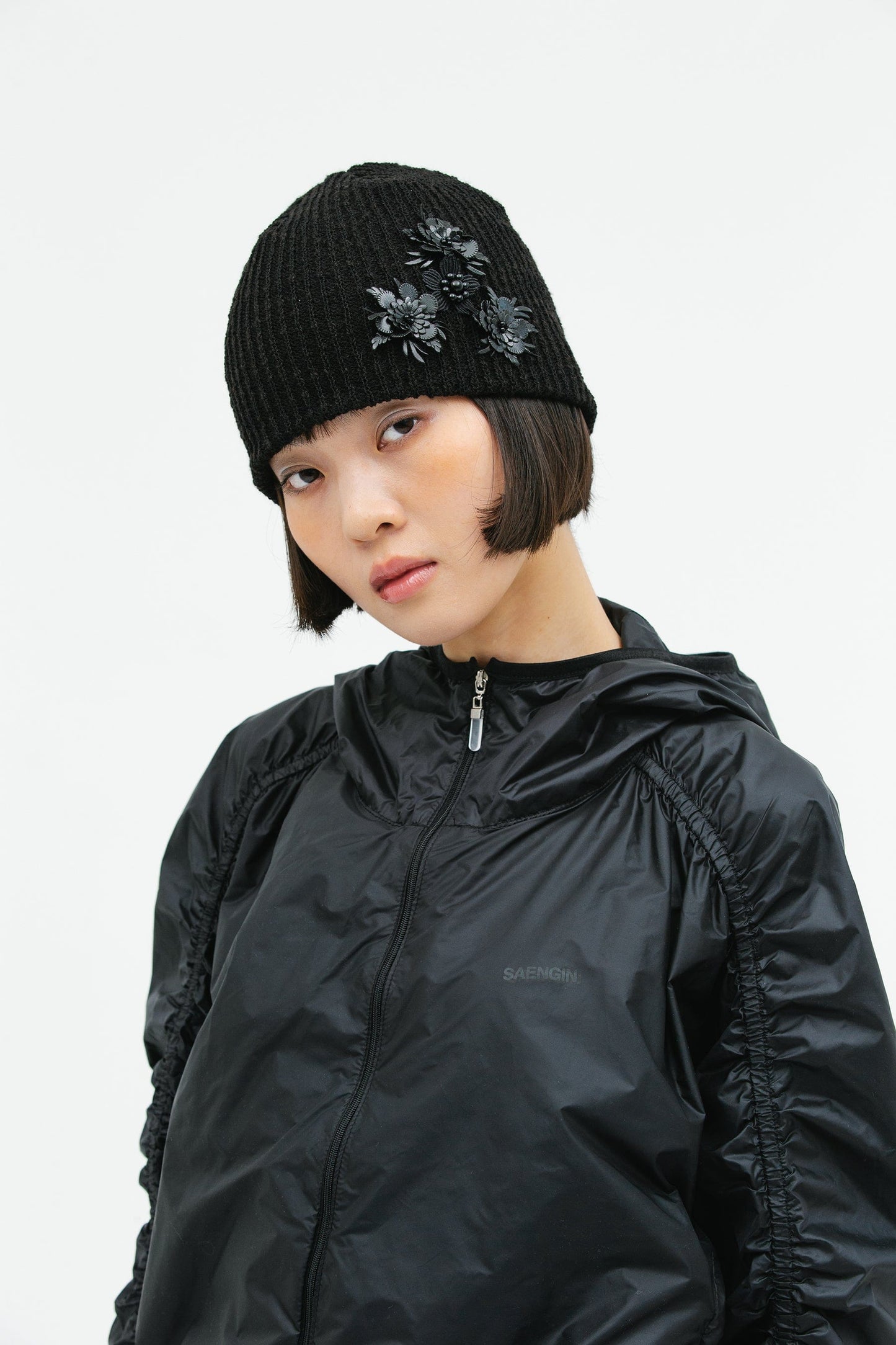 FLOWER PATCH BEANIE BLACK-SAENGIN STUDIOS-APOC STORE