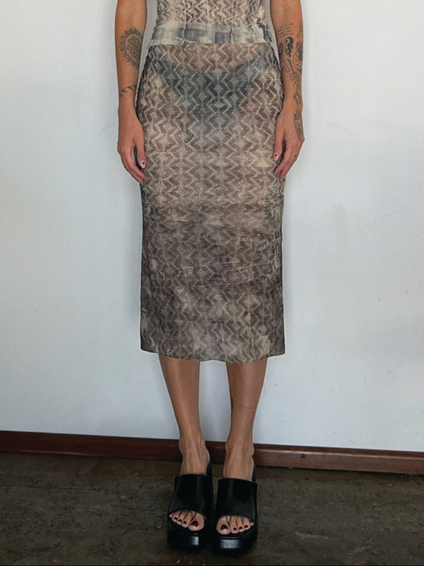 HANDPRINTED LACE KNIT JERSEY SKIRT-Raquel de Carvalho-APOC STORE