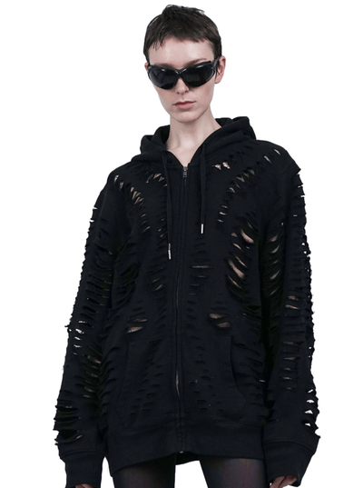 CUT HOODIE CARDIGAN BLACK-Sia Arnika-APOC STORE