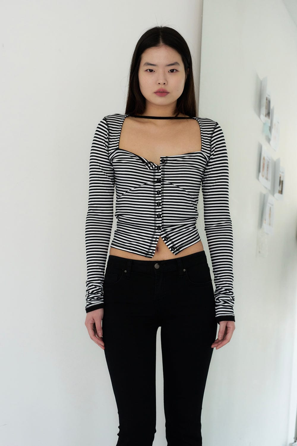 STRAP STRIPED CARDIGAN (BLACK AND WHITE)-Lalameemee-APOC STORE