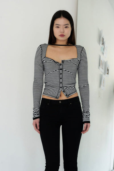 STRAP STRIPED CARDIGAN (BLACK AND WHITE)-Lalameemee-APOC STORE