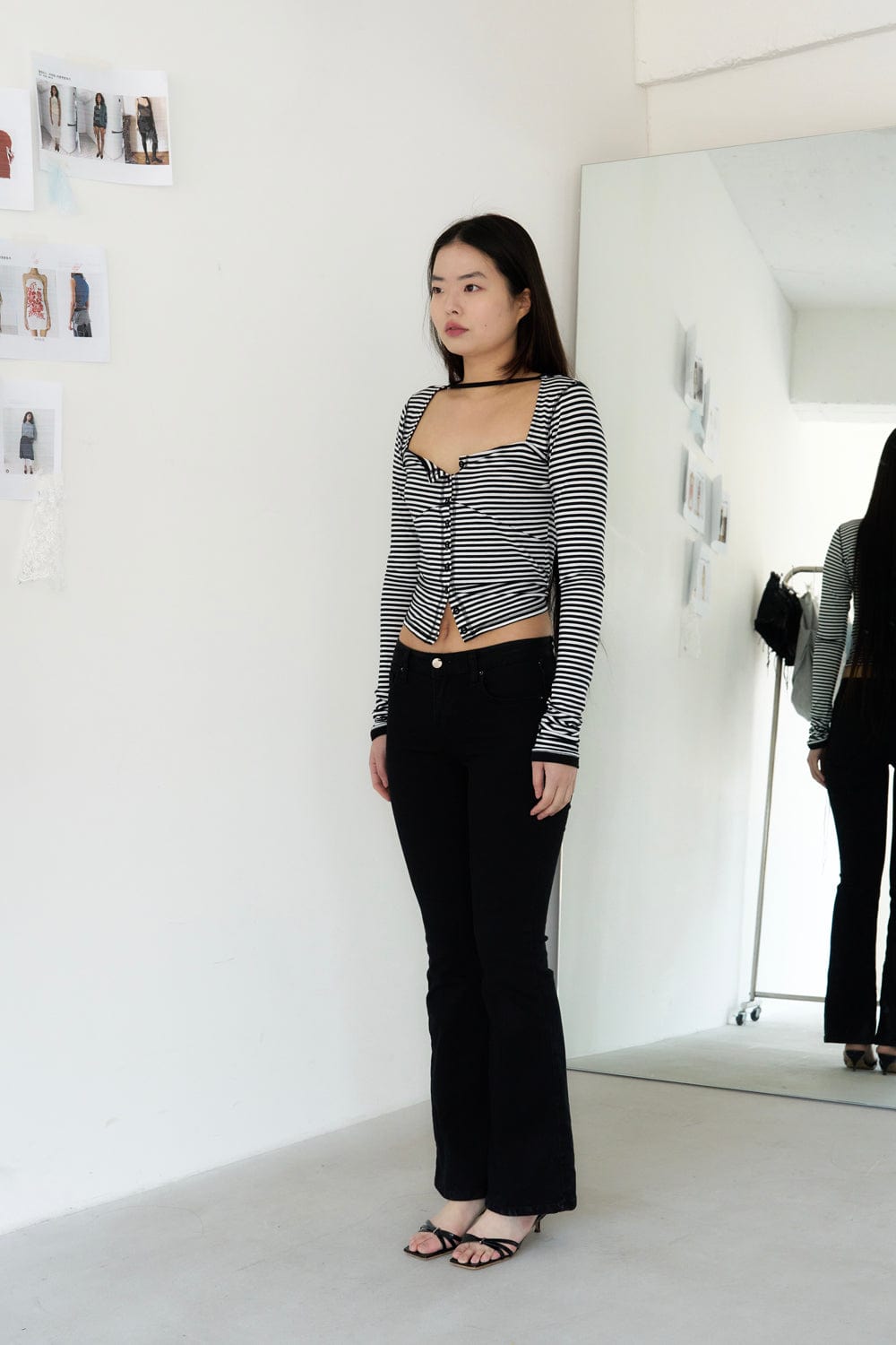 STRAP STRIPED CARDIGAN (BLACK AND WHITE)-Lalameemee-APOC STORE