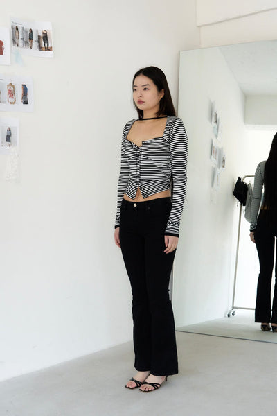 STRAP STRIPED CARDIGAN (BLACK AND WHITE)-Lalameemee-APOC STORE