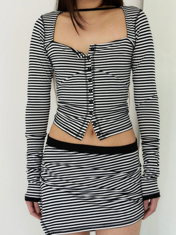 STRAP STRIPED CARDIGAN (BLACK AND WHITE)-Lalameemee-APOC STORE