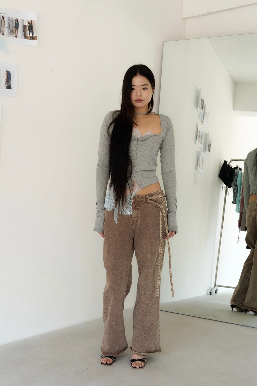 STRAP SOLID CARDIGAN (MELANGE GREY)-Lalameemee-APOC STORE