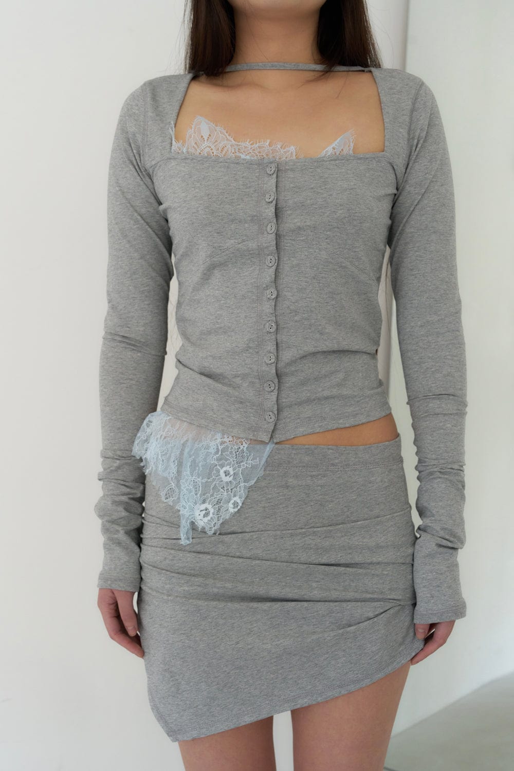 ASYMMETRIC DRAPED SKIRT (MELANGE GREY)-Lalameemee-APOC STORE