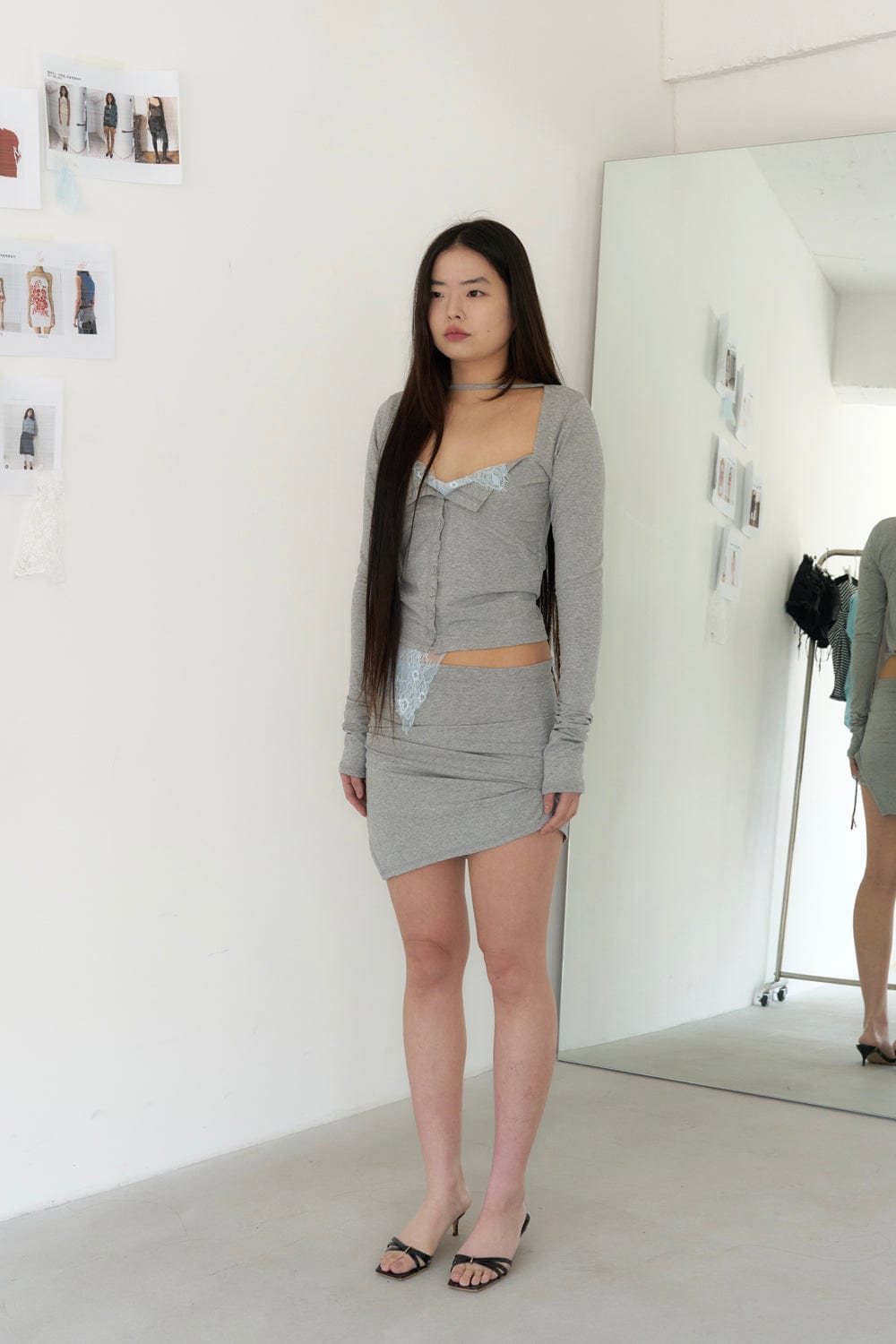 ASYMMETRIC DRAPED SKIRT (MELANGE GREY)-Lalameemee-APOC STORE