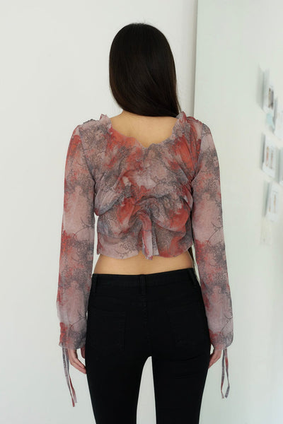 SHEER SMOCKING BLOUSE (SCARLET)-Lalameemee-APOC STORE