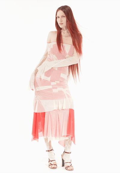 Draped off shoulder dress beige/red-Nastyamasha-APOC STORE