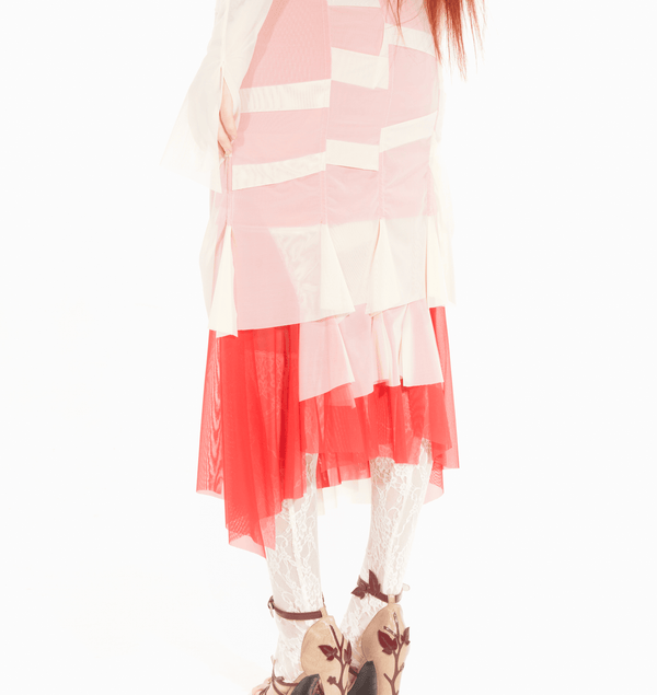 Draped off shoulder dress beige/red-Nastyamasha-APOC STORE