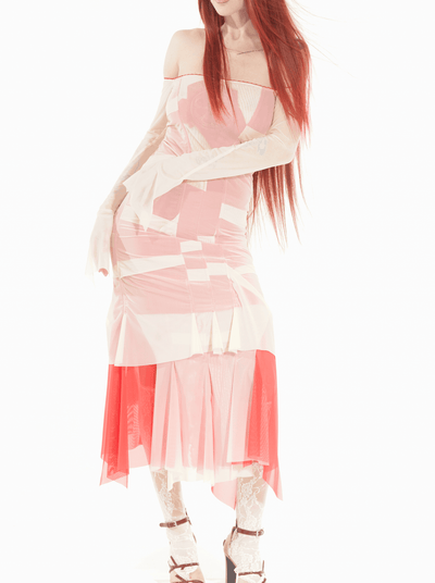 Draped off shoulder dress beige/red-Nastyamasha-APOC STORE