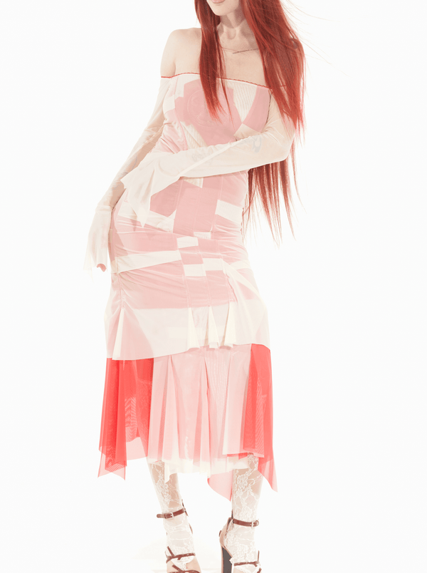 Draped off shoulder dress beige/red-Nastyamasha-APOC STORE