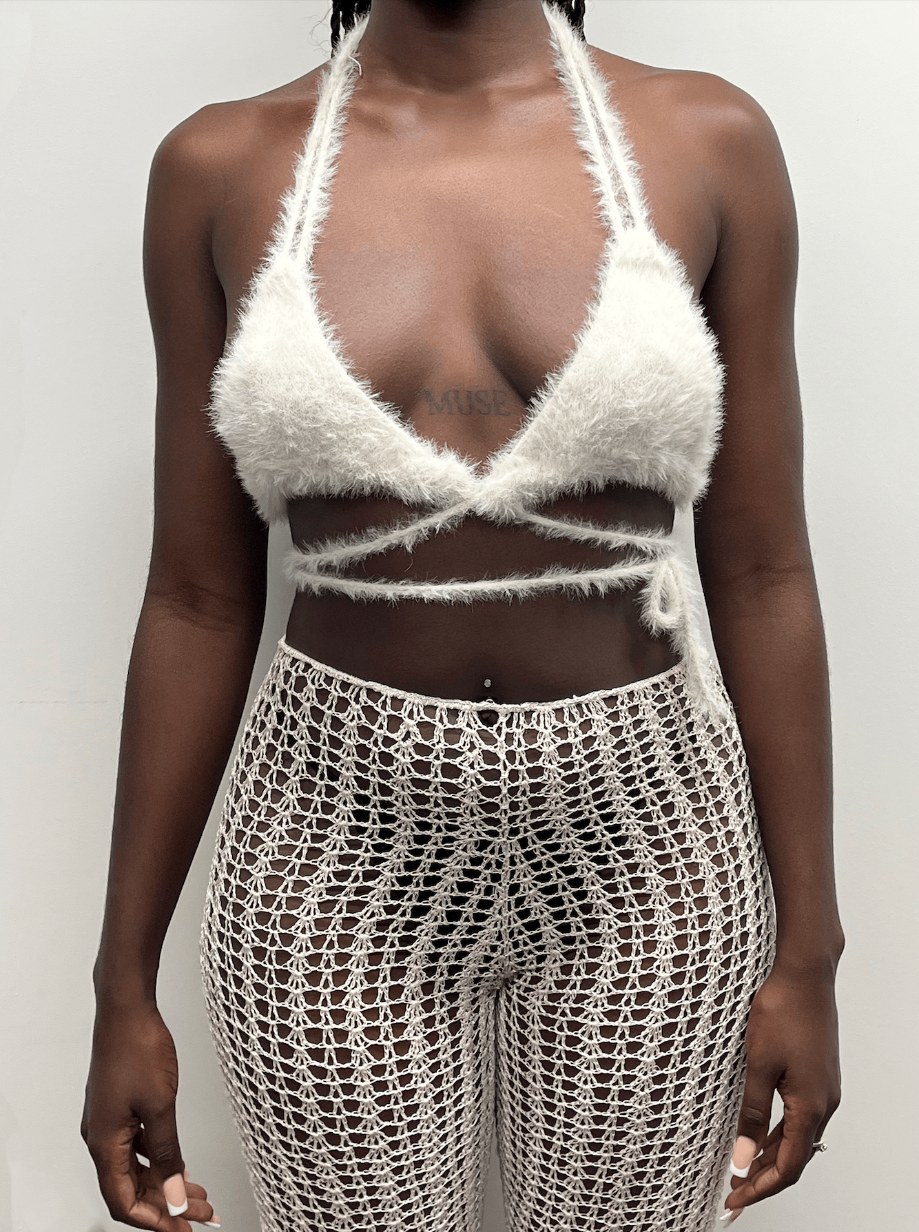 Off-white Fluffy knit self-tie bralette-Raquel de Carvalho-APOC STORE